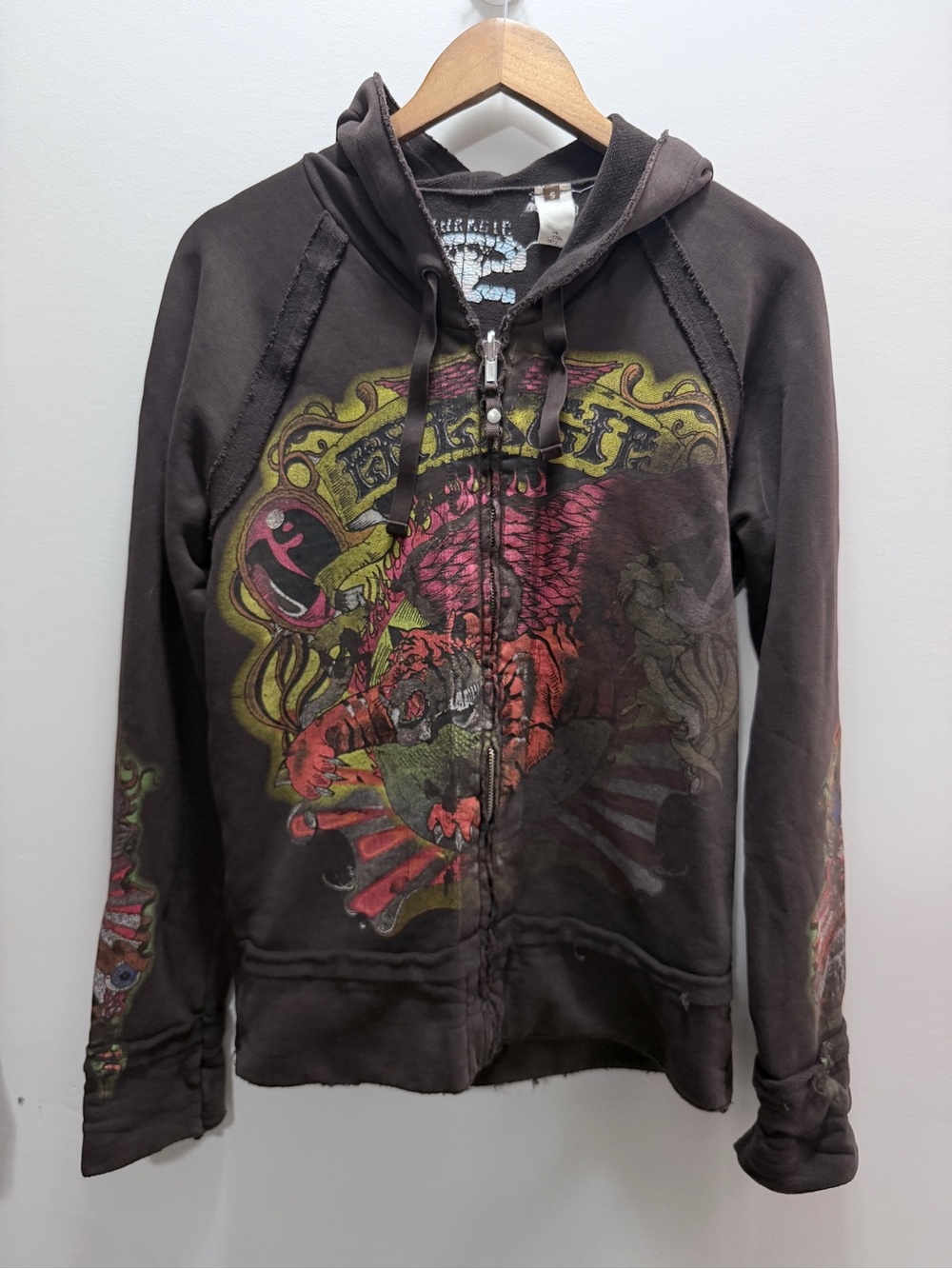 ENERGIE Y2K Brown Graphic Tiger Zip-Up Hoodie Men’s Small Size